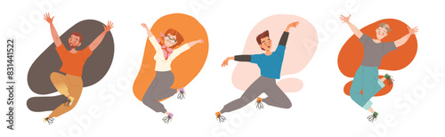 Jumping Man and Woman Character with Happy Face Feeling Joy and Excitement Vector Illustration Set
