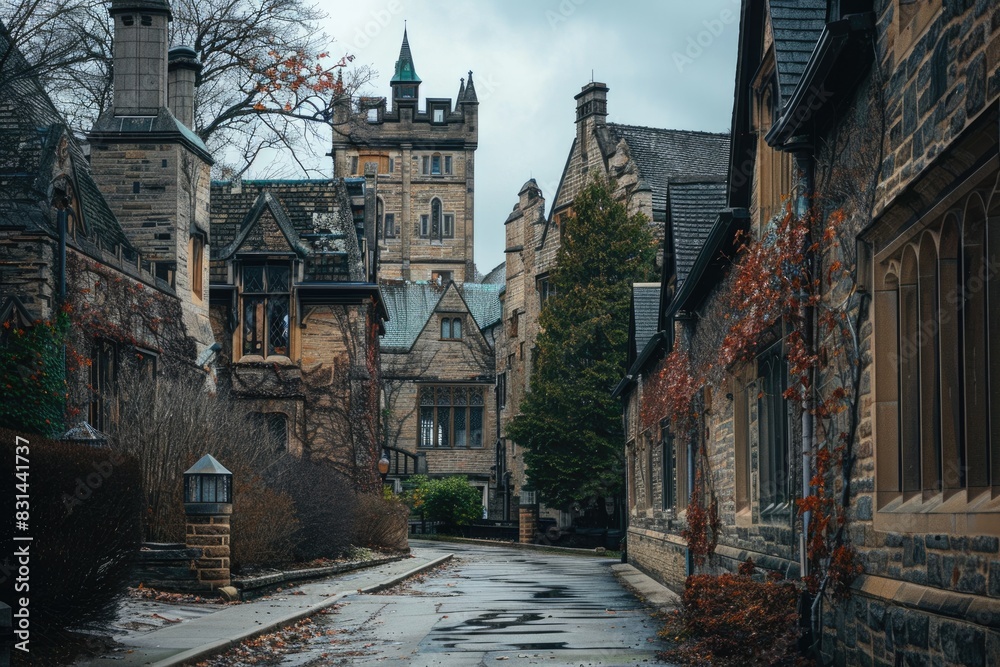 Campus Buildings. Ancient Architecture: Old Stone Castle Houses in the City