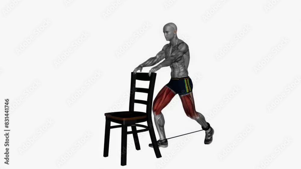 3d animation of chair back lunge left exercise with male muscle highlighted demonstration 3d animation of chair back lunge left exercise with male muscle highlighted demonstration