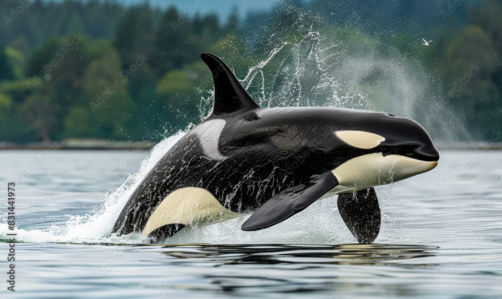 Obraz premium Bigg's orca whale leaping out of water in Vancouver Island, Canada during the daytime showcasing wild marine life and nature.