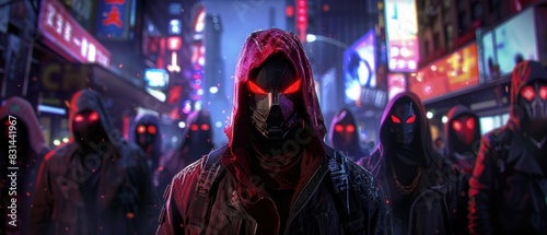 Against the backdrop of a vibrant cityscape, a group of rebels stage a daring heist, their faces obscured by sleek, high-tech masks as they move with stealth and precision. photo
