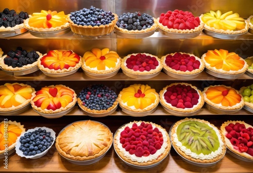 colorful assortment fresh seasonal fruit pies display bakery shop, vibrant, variety, new, fruits, pastries, showcase, store, vivid, selection, ripe, tarts