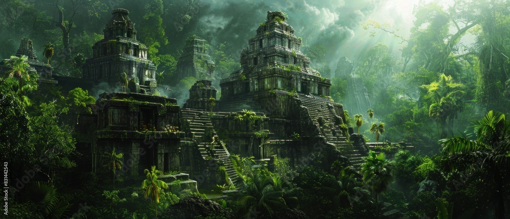 Fototapeta premium Deep within the heart of a dense jungle, a team of explorers uncovers the ruins of an ancient civilization, their discovery hinting at untold mysteries waiting to be unraveled.