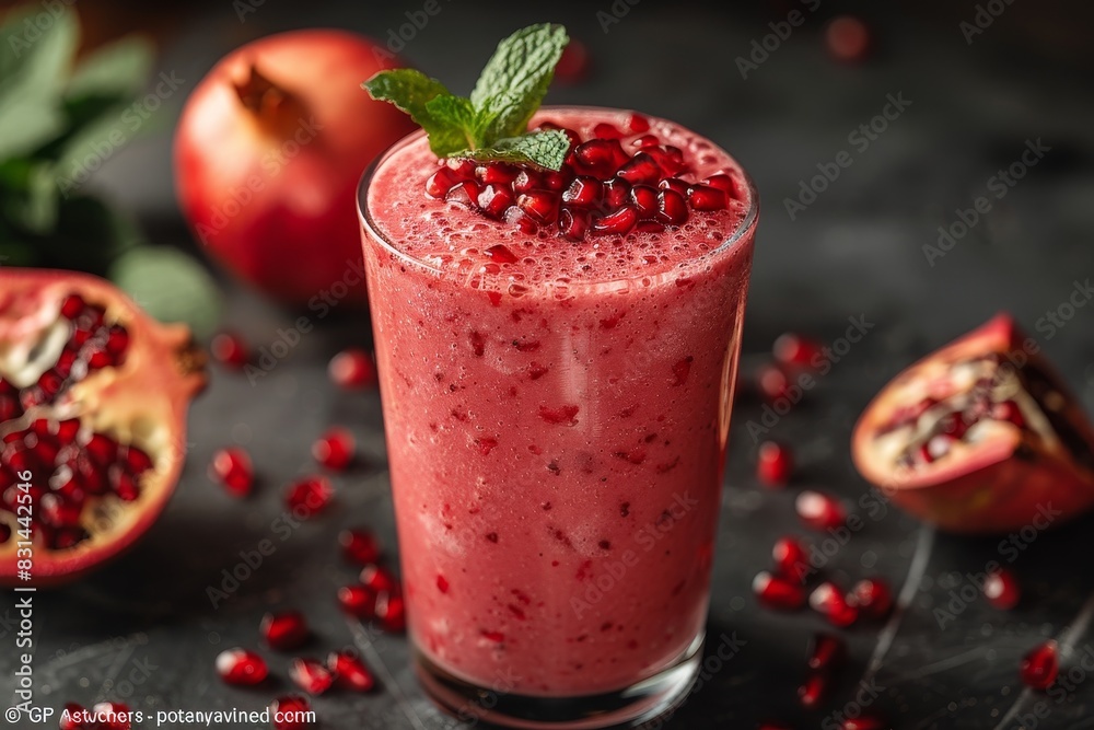 Pomegranate Smoothie - Red with pomegranate seeds and a sprig of mint. Pomegranate Smoothie - Red with pomegranate seeds and a sprig of mint.