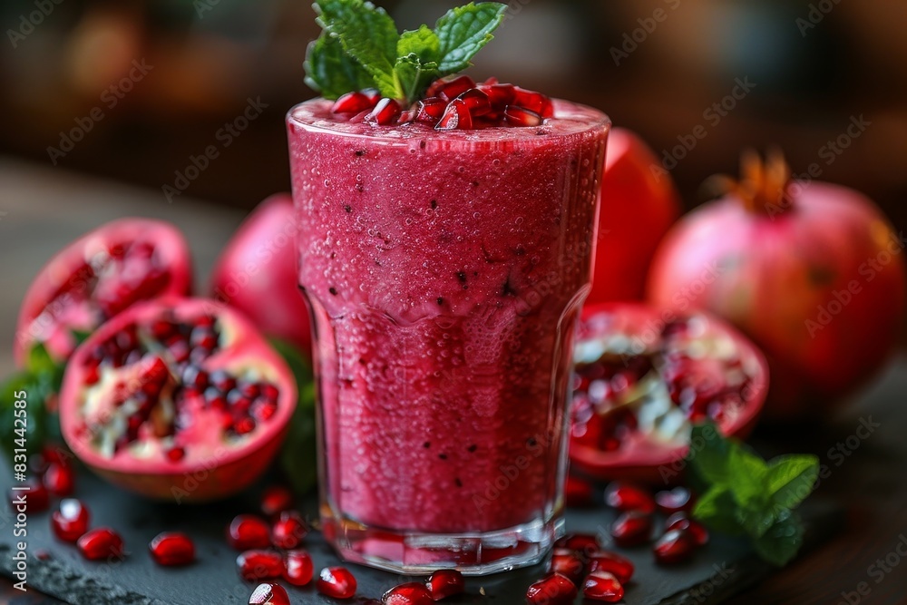 Pomegranate Smoothie - Red with pomegranate seeds and a sprig of mint. Pomegranate Smoothie - Red with pomegranate seeds and a sprig of mint.