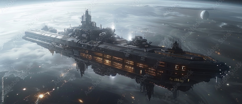 In the depths of space, a massive space station orbits a distant planet, its metallic hull reflecting the light of nearby stars against the infinite darkness of the cosmos. In the depths of space, a massive space station orbits a distant planet, its metallic hull reflecting the light of nearby stars against the infinite darkness of the cosmos.