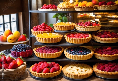 colorful assortment fresh seasonal fruit pies display bakery shop, vibrant, variety, new, fruits, pastries, showcase, store, vivid, selection, ripe, tarts photo