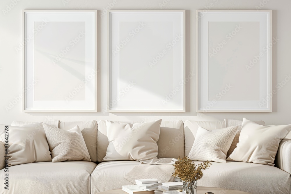 wall art mockup, three vertical blank frame on the wall above beige sofa with white pillows and blanket, simple neutral home decor, empty space for artwork wall art mockup, three vertical blank frame on the wall above beige sofa with white pillows and blanket, simple neutral home decor, empty space for artwork