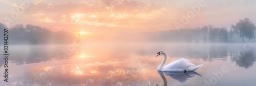 Swan Lake. Artistic Landscape with Graceful Cygnet Floating on Peaceful Lake photo