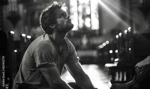 Grayscale image of man praying on his knees in a church, signifying faith, spirituality, and introspection, with blurred bench background and dramatic sunlight, conveying solemn and contemplative mood