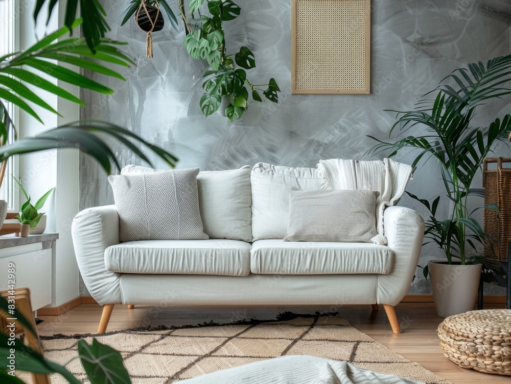 A white couch with pillows and a potted plant in front of it. The room has a modern and clean look