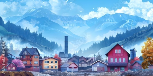 Illustration depicting the economic advantages of a prosperous mining town. Concept Mining Industry, Economic Growth, Prosperous Town, Illustration, Advantages