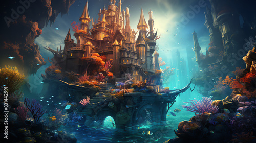  an Atlantean castle with vibrant coral reefs and exotic fish. © muheeb