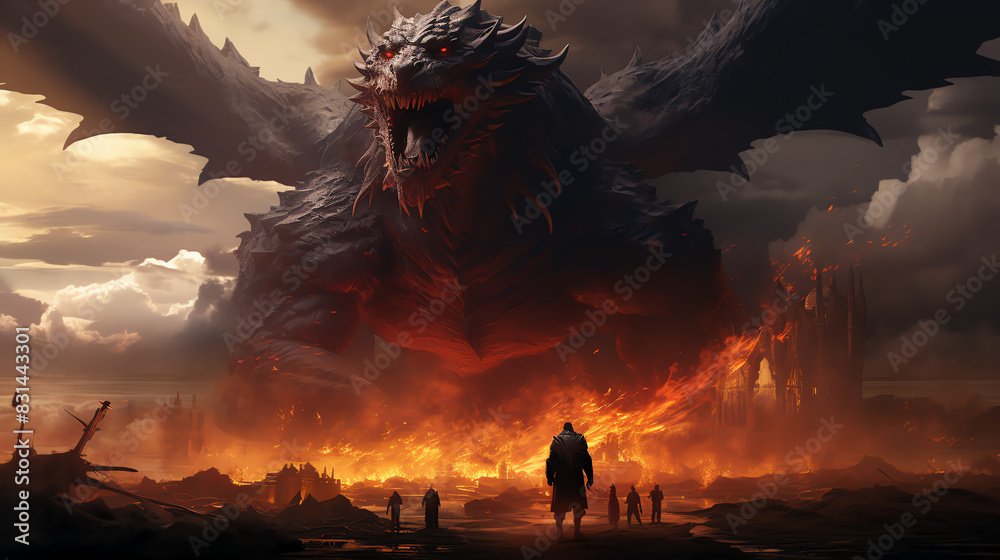  dragon with red eyes standing in a fiery, destroyed city. 