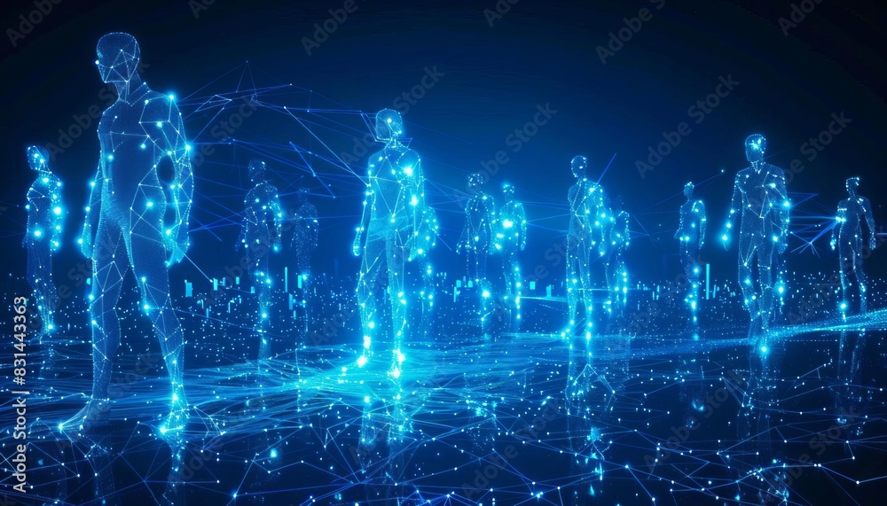 Futuristic digital human figures connected by blue light nodes ...