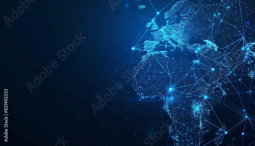 Futuristic digital network map of Earth showcasing global connection and communication, illuminated nodes and lines against a dark background. photo