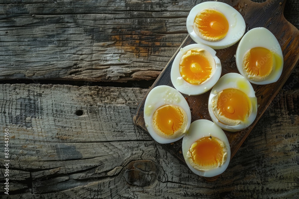 Boiled Eggs. Halved Egg on Wooden Background. Fresh Cooked Breakfast Boiled Eggs. Halved Egg on Wooden Background. Fresh Cooked Breakfast