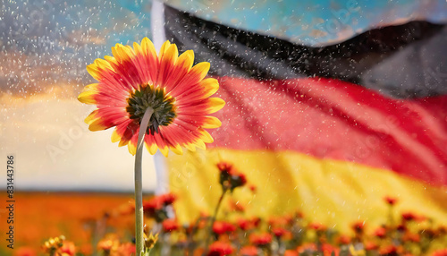 germany flag with gerbera flowers in the summer field with paint splashes. photo