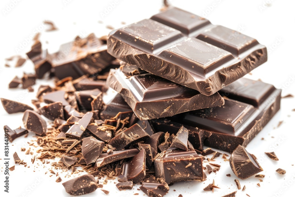 Cocoa Isolated. Dark Chocolate Blocks and Pieces for a Delicious Dessert or Snack Cocoa Isolated. Dark Chocolate Blocks and Pieces for a Delicious Dessert or Snack