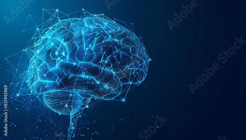 Digitally created illustration of a brain with glowing connections on a dark blue background, representing neural networks and artificial intelligence.