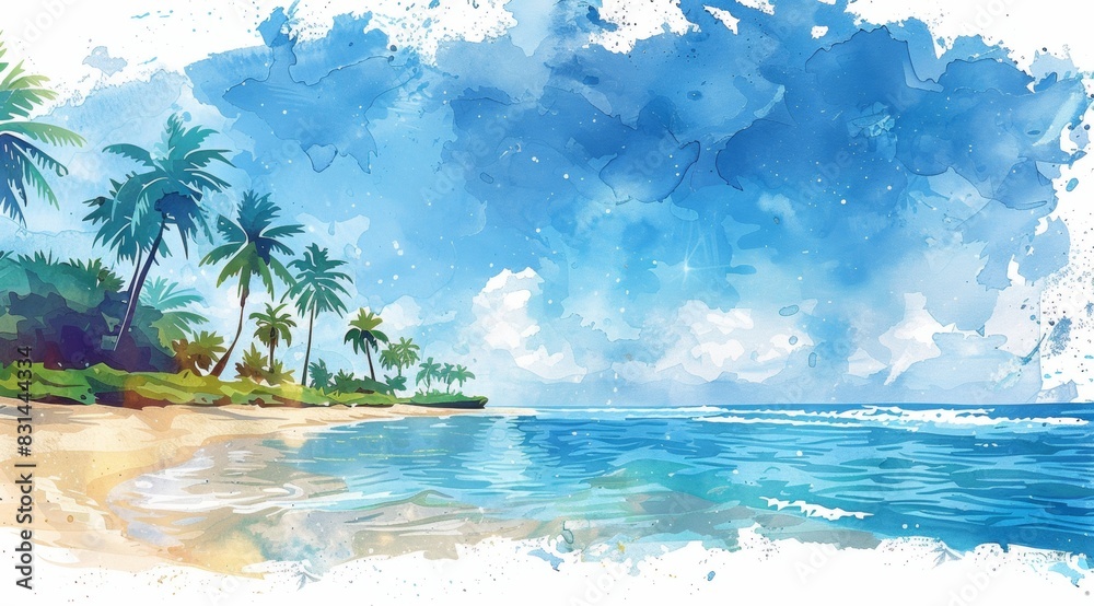 Summer time fun concept design. Creative background of landscape, panorama of sea and beach. Summer sale, post template Vector. white background, watercolor style. text Digital illustration