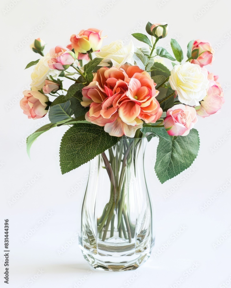 Obraz premium Glass Flower Vase. Isolated Bouquet of Blooming Roses in a Elegant Glass Vase