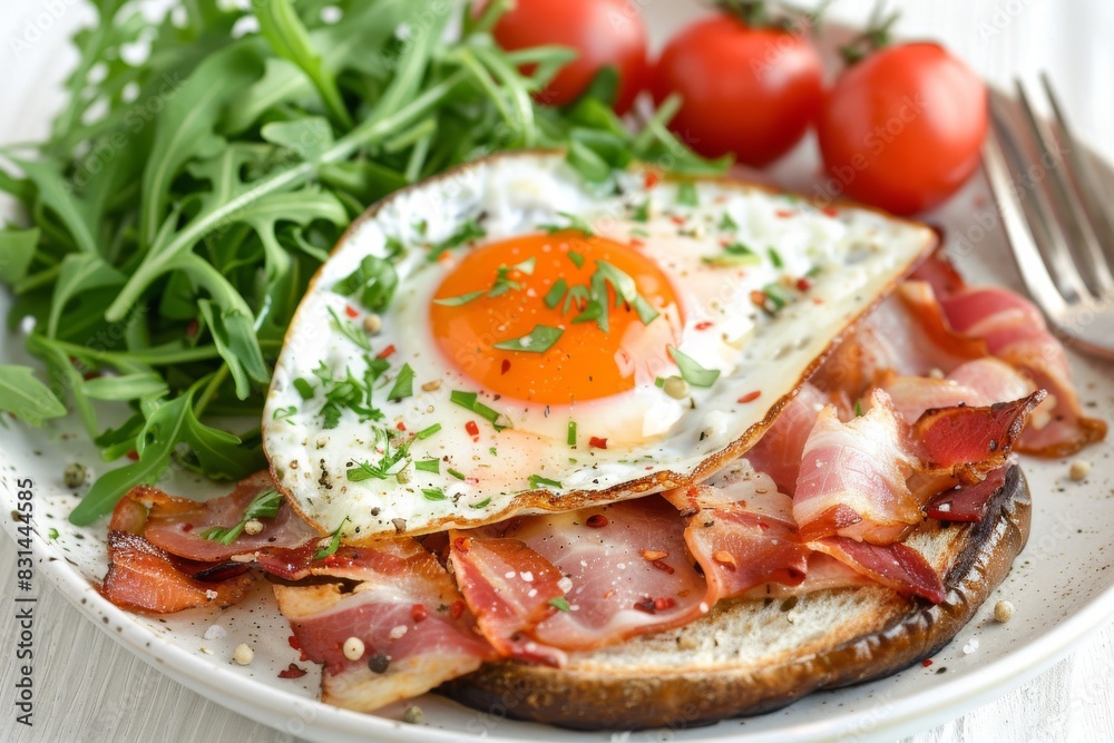 Delicious breakfast plate with sunny side up eggs, bacon, tomatoes, and arugula, creating a vibrant and appetizing meal, perfect for a hearty morning Delicious breakfast plate with sunny side up eggs, bacon, tomatoes, and arugula, creating a vibrant and appetizing meal, perfect for a hearty morning
