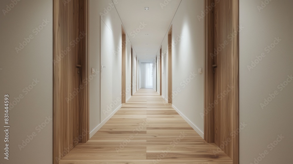 Hallway With Doors. Interior of Long Narrow Hallway with Wooden Floor in Minimal Style Apartment Hallway With Doors. Interior of Long Narrow Hallway with Wooden Floor in Minimal Style Apartment
