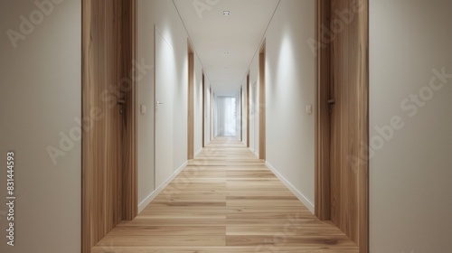 Hallway With Doors. Interior of Long Narrow Hallway with Wooden Floor in Minimal Style Apartment
