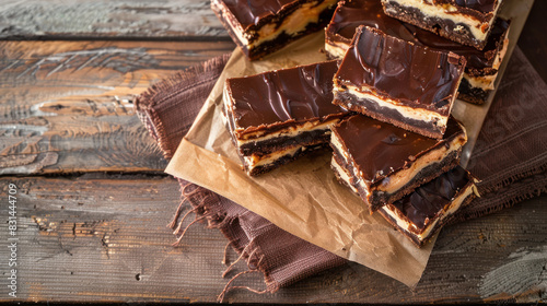 canadian nanaimo bars on rustic wooden board with layered chocolate and custard filling photo