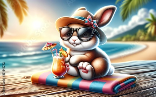 A high-quality illustration of a bunny enjoying summer, Generative Ai