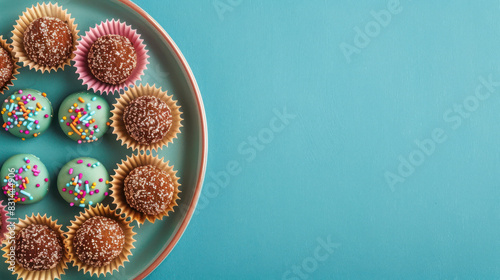 colorful brazilian brigadeiros on teal background with assorted sprinkles for festive treats photo