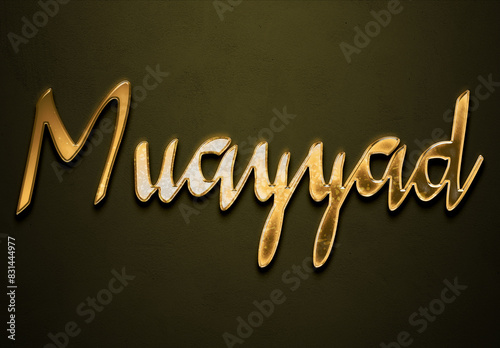 Old gold text effect of Arabic name Muayyad with 3D glossy style Mockup. photo