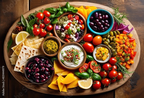 colorful mediterranean mezze platter fresh ingredients healthy eating sharing moments, appetizer, variety, vegetables, olives, hummus, pita, bread photo