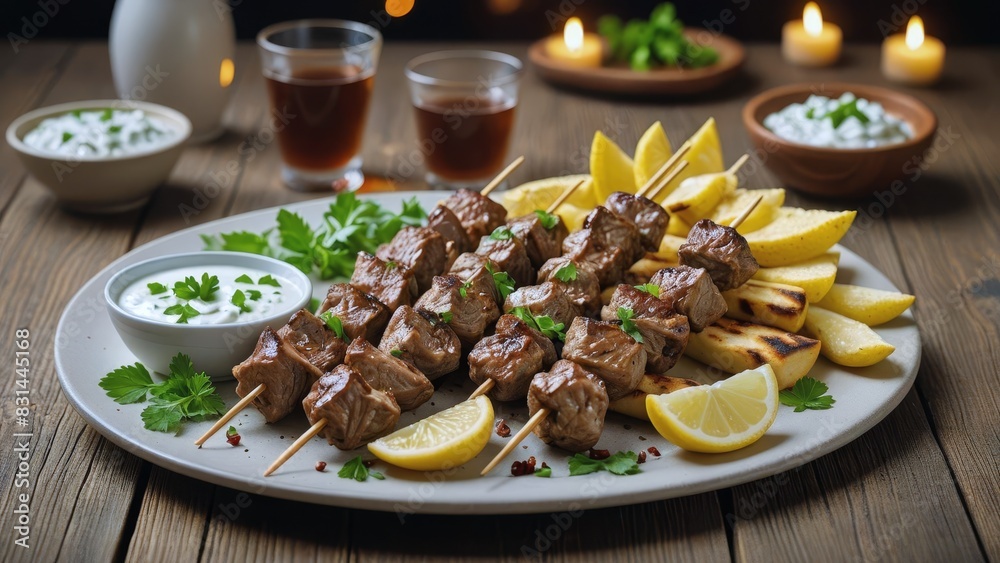 Delicious grilled meat skewers served with lemon wedges and dipping sauces on a wooden table, creating a cozy and inviting meal setting. Delicious grilled meat skewers served with lemon wedges and dipping sauces on a wooden table, creating a cozy and inviting meal setting.