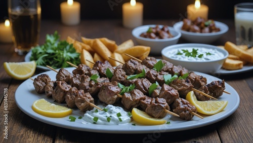 Plate of grilled meat skewers with lemon slices, sauces, and other side dishes on a wooden table, lit by candlelight creating a cozy atmosphere. photo