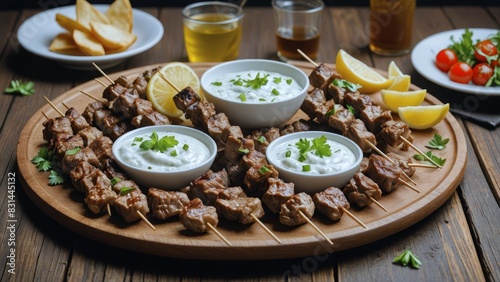 Delicious grilled meat skewers served with dipping sauces, lemon slices, and fries on a wooden platter in a cozy dining setting. photo