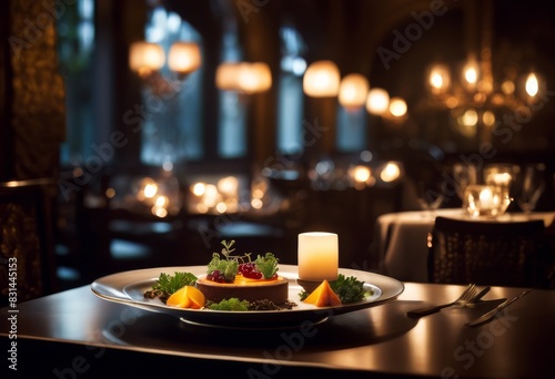 ethereal serving food dim restaurant selective focus, atmospheric, ambiance, ambient, artistic, arrangements, artful, appealing, appetizing photo