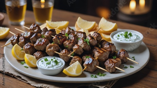 Delicious grilled meat skewers served with lemon wedges and dipping sauces on a rustic wooden table, perfect for a cozy dinner gathering. photo