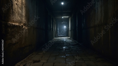 A hauntingly ominous corridor  every inch exuding a sense of dread and mystery  shadows dancing in the dim light