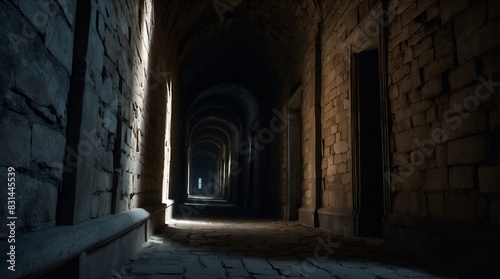 A hauntingly ominous corridor, every inch exuding a sense of dread and mystery: shadows dancing in the dim light photo