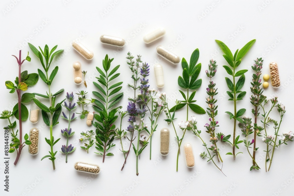 Supplement Background. Alternative Medicine and Herbal Dietary Supplement for Naturopathy Treatment over White Background