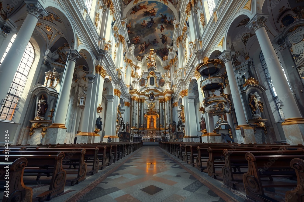 Obraz premium Wideangle view of a stunning baroque cathedral interior, showcasing ornate gold details and ceiling frescoes