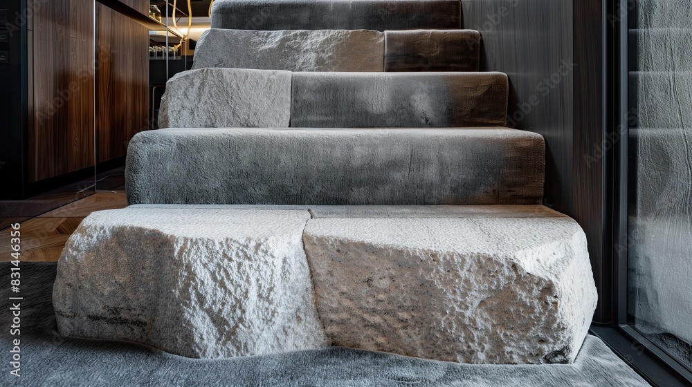A contemporary staircase with steps that change texture as you ascend, from smooth stone to plush velvet A contemporary staircase with steps that change texture as you ascend, from smooth stone to plush velvet