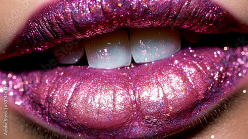 A close up of a woman's mouth with glittery pink lipstick photo