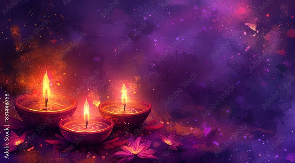 Website header or banner design with realistic oil lamp on purple background for Diwali Festival celebration. Vector watercolor style. text Digital corollary Website header or banner design with realistic oil lamp on purple background for Diwali Festival celebration. Vector watercolor style. text Digital corollary