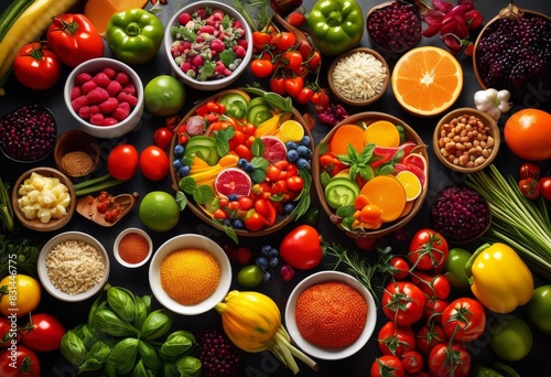fresh food ingredients arranged neatly cooking preparation, vegetables, fruits, herbs, spices, healthy, organic, colorful, assorted, assortment, selection