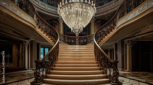 A grand double staircase with a large crystal chandelier hanging above
