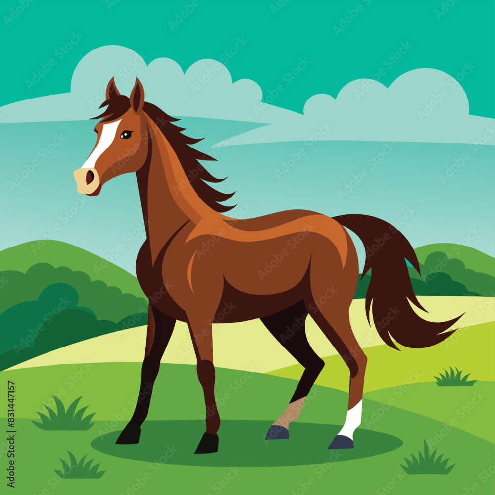 A brown horse stands on a hill against a background of forest and sky
A brown horse stands on a hill against a background of forest and sky