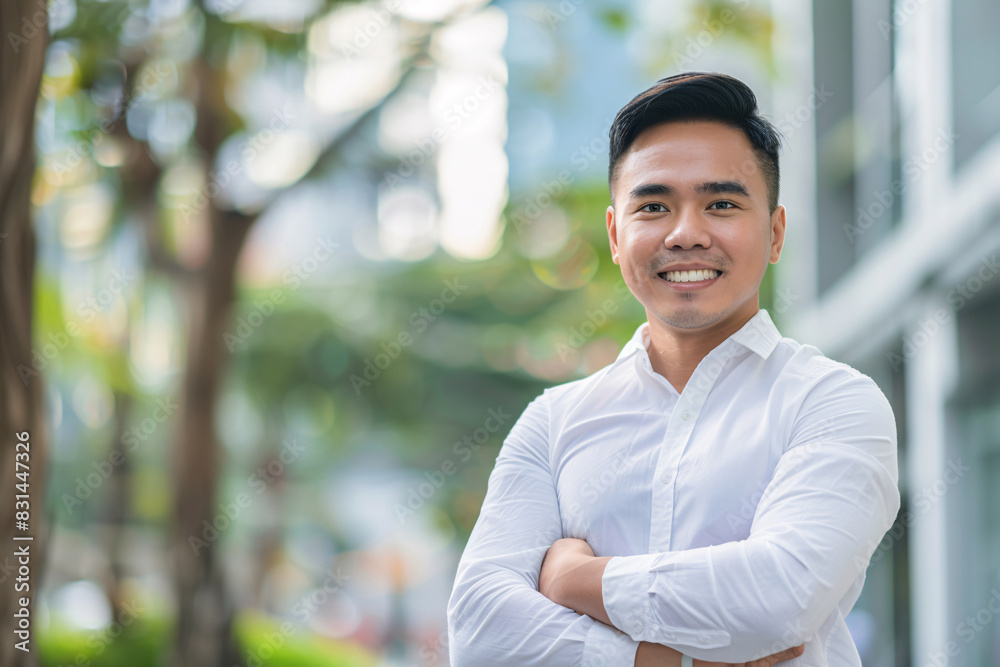 Smiling Young Asian Man in White Shirt Standing on Modern City Street Smiling Young Asian Man in White Shirt Standing on Modern City Street